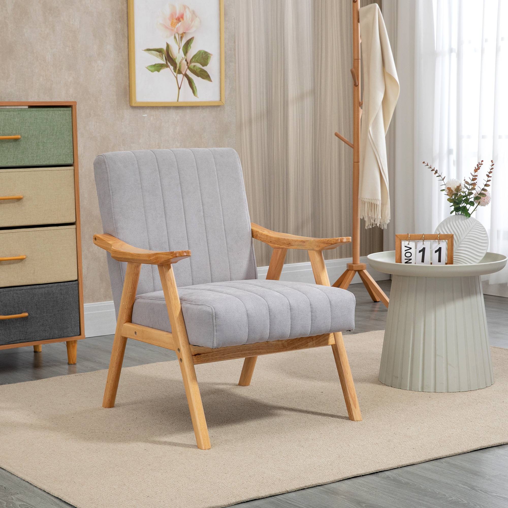 Fauteuil de style scandinave, aspect velours, bois massif ; 68 cm x 74 cm x 82 cm, naturel et gris - Image 3