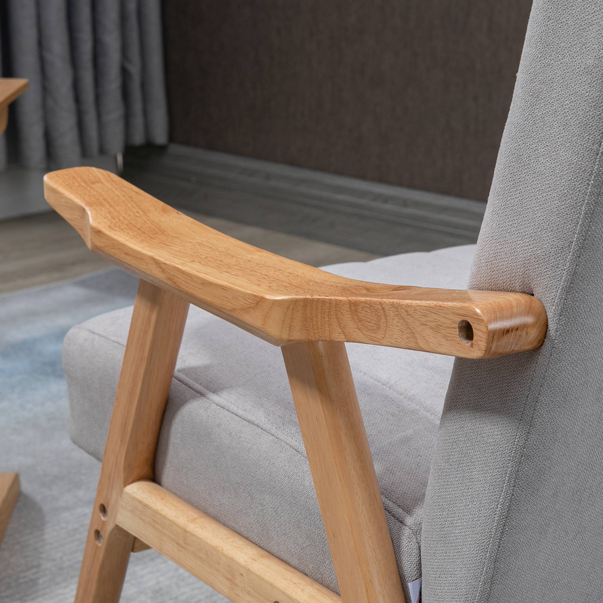Fauteuil de style scandinave, aspect velours, bois massif ; 68 cm x 74 cm x 82 cm, naturel et gris - Image 9