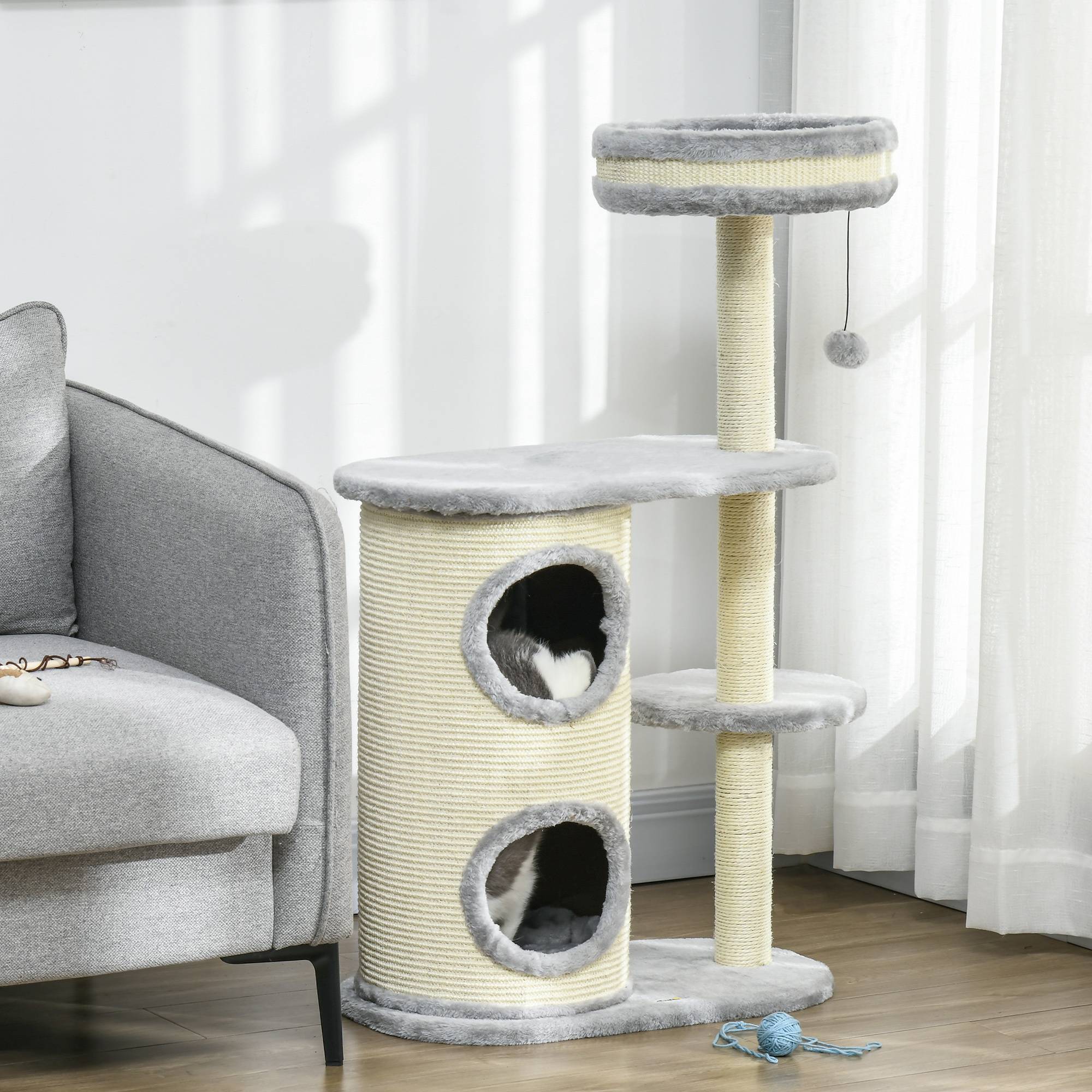 Arbre à chat bois peluche chats entretien griffes 59x35x100cm gris - ComfortXL Outdoor Living - Image 9