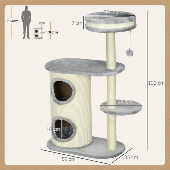 Arbre à chat bois peluche chats entretien griffes 59x35x100cm gris - ComfortXL Outdoor Living - Image 5
