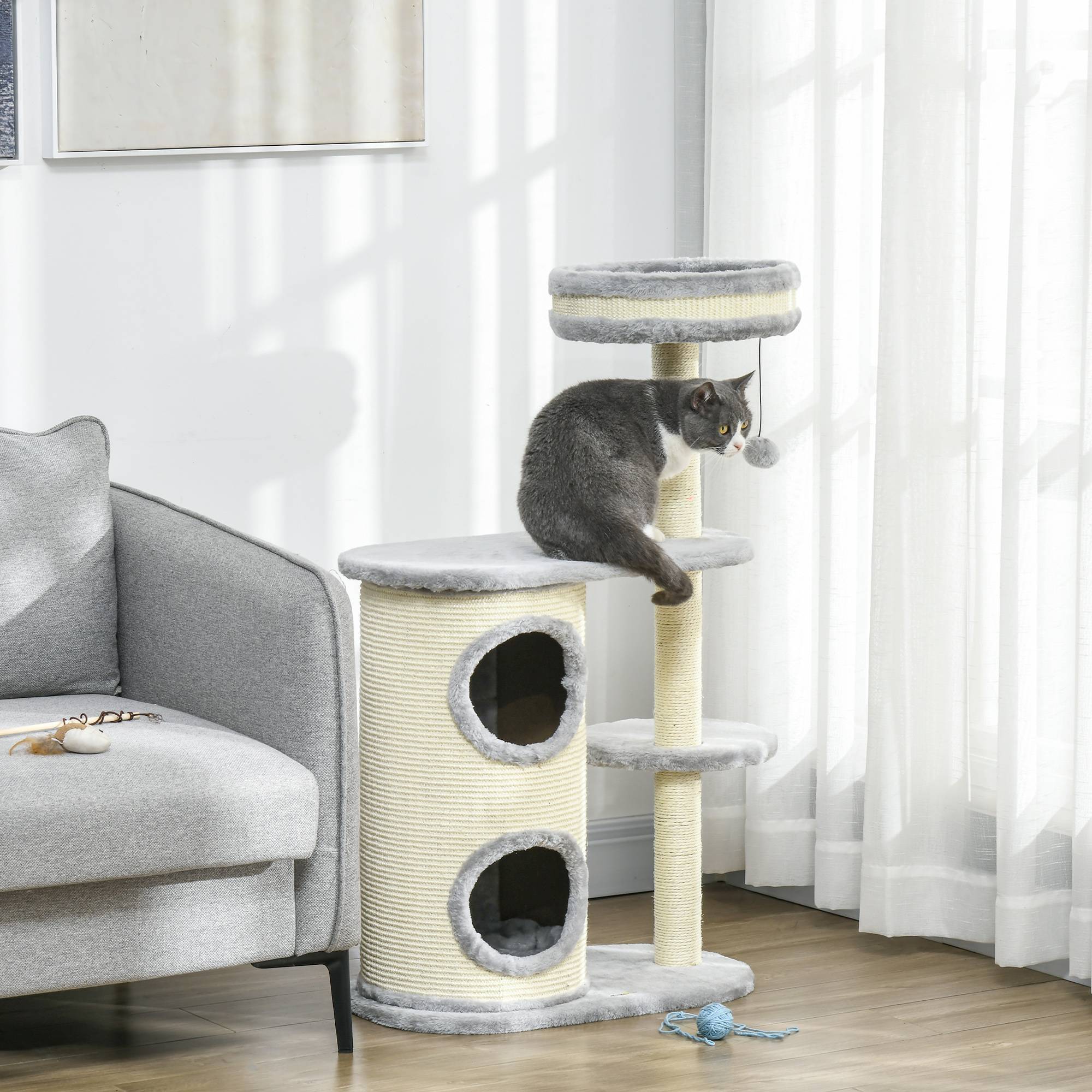 Arbre à chat bois peluche chats entretien griffes 59x35x100cm gris - ComfortXL Outdoor Living - Image 3