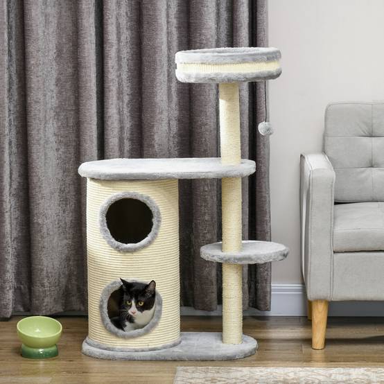 Arbre à chat bois peluche chats entretien griffes 59x35x100cm gris - ComfortXL Outdoor Living - Image 4