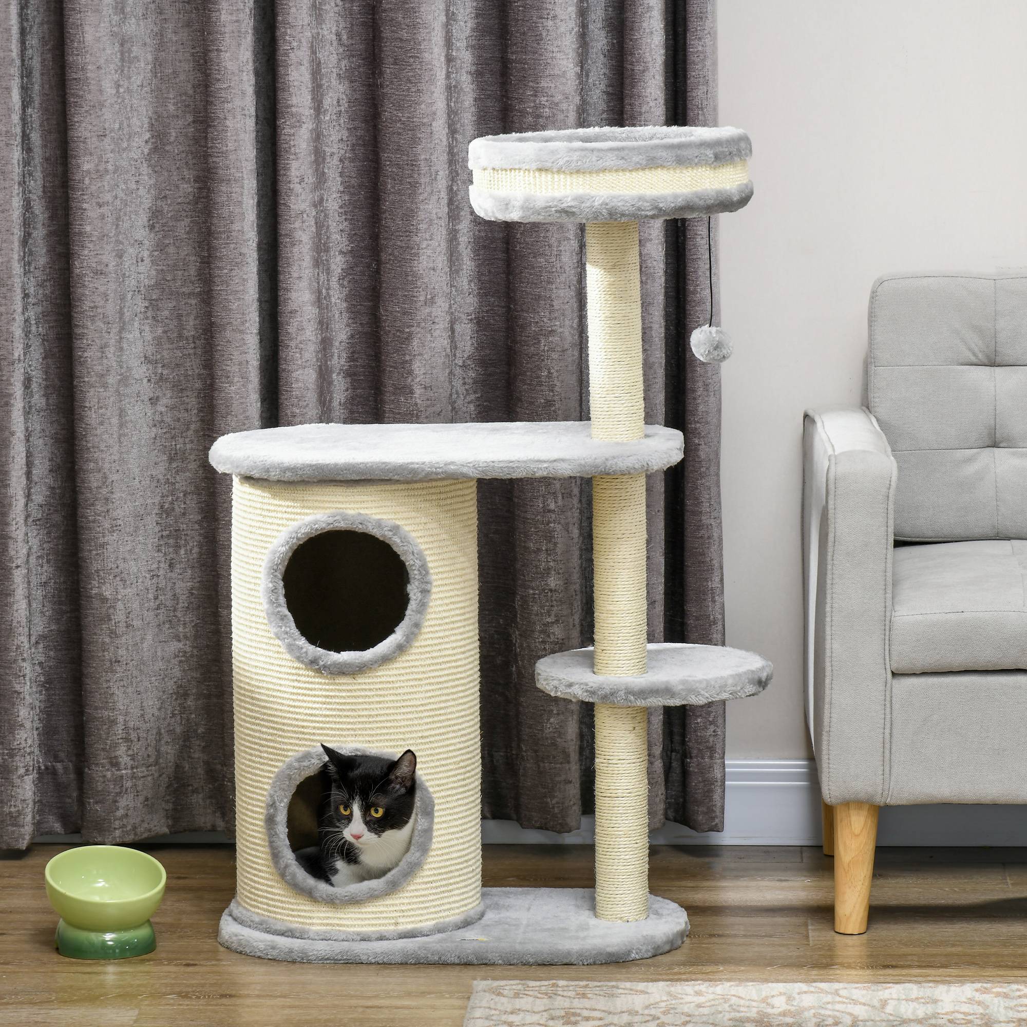 Arbre à chat bois peluche chats entretien griffes 59x35x100cm gris - ComfortXL Outdoor Living - Image 4