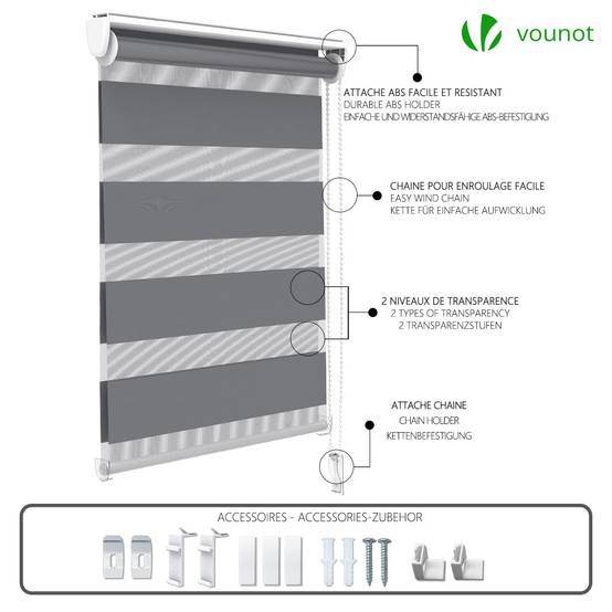 Vounot - Lot de 2 Store enrouleur jour nuit double 45x150cm Gris - Image 7