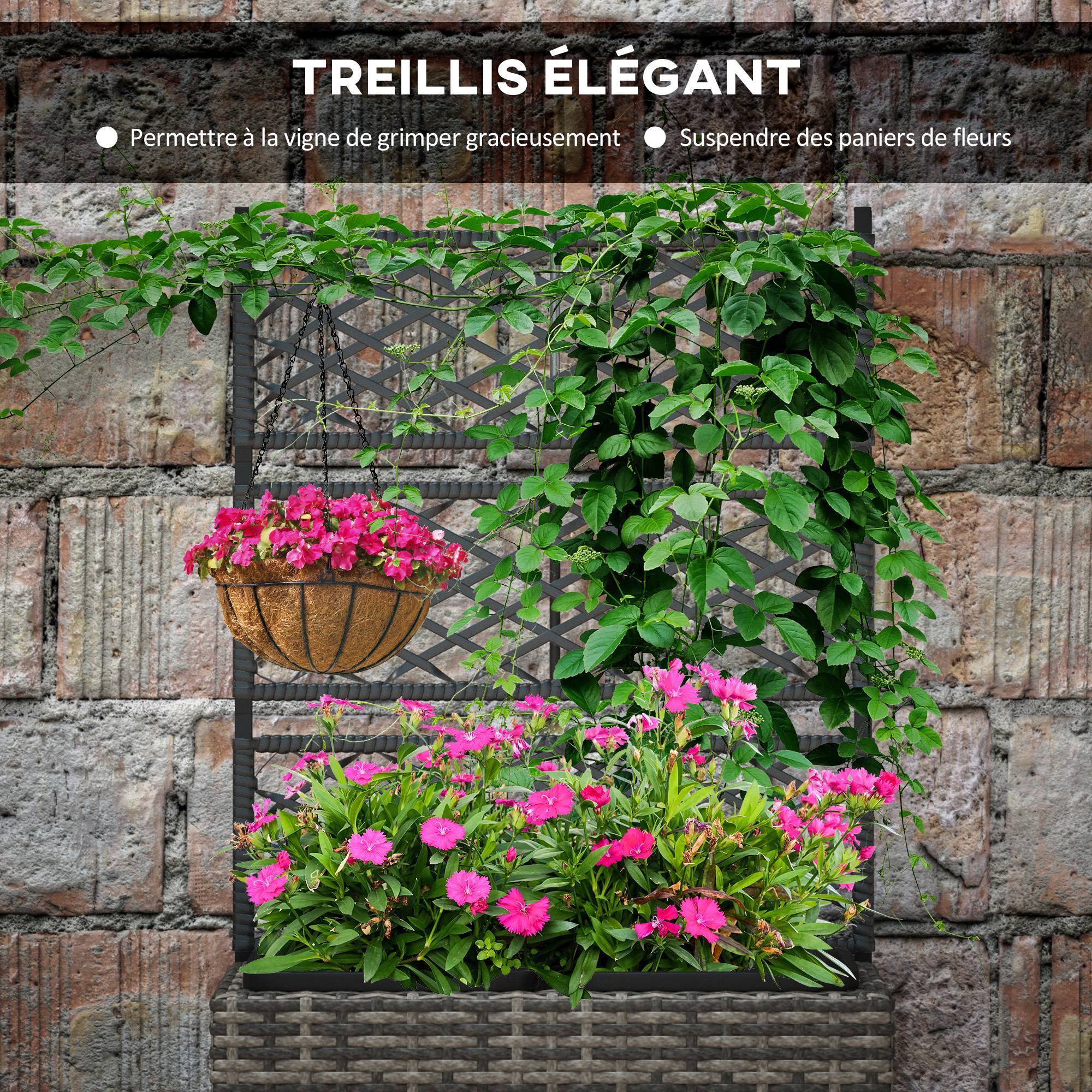 Jardinière avec treillis résine tressée et acier gris 57 x 30 x 107 cm - PANGIVO - Imagen 8