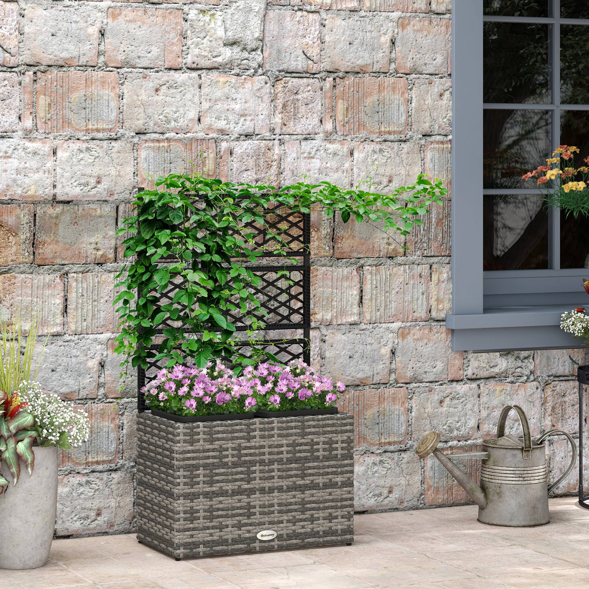 Jardinière avec treillis résine tressée et acier gris 57 x 30 x 107 cm - PANGIVO - Imagen 3