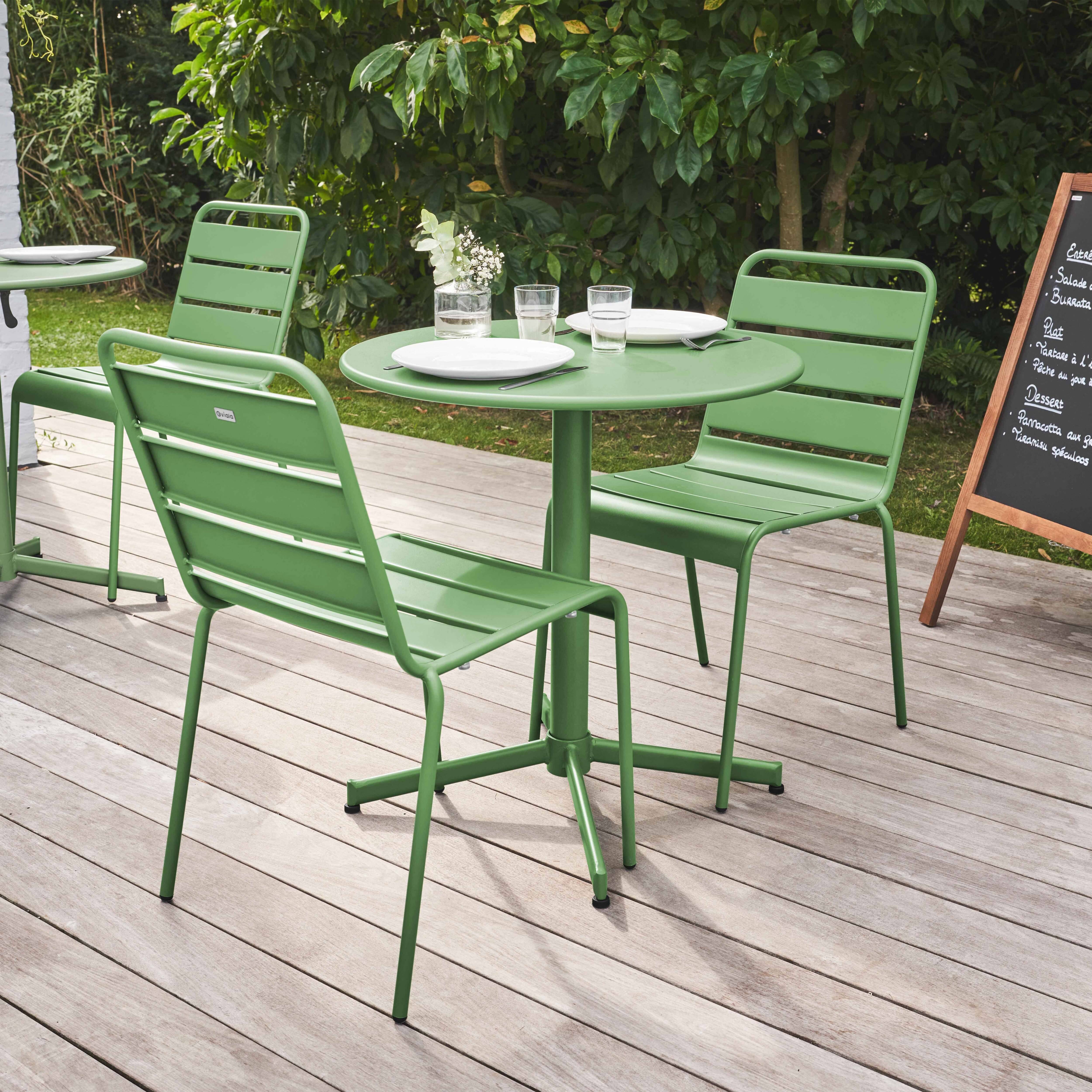 Oviala - Ensemble table de jardin ronde et 2 chaises métal vert cactus Palavas - Oviala - Imagen 2