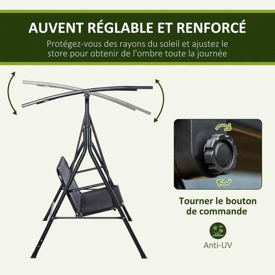 Balancelle de jardin 2 places acier extérieur avec auvent inclinable séchage rapide noir - ComfortXL Outdoor Living - Image 6
