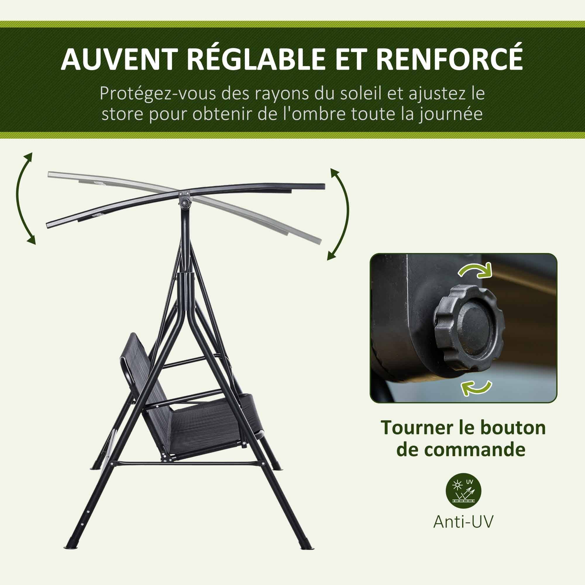 Balancelle de jardin 2 places acier extérieur avec auvent inclinable séchage rapide noir - ComfortXL Outdoor Living - Image 6