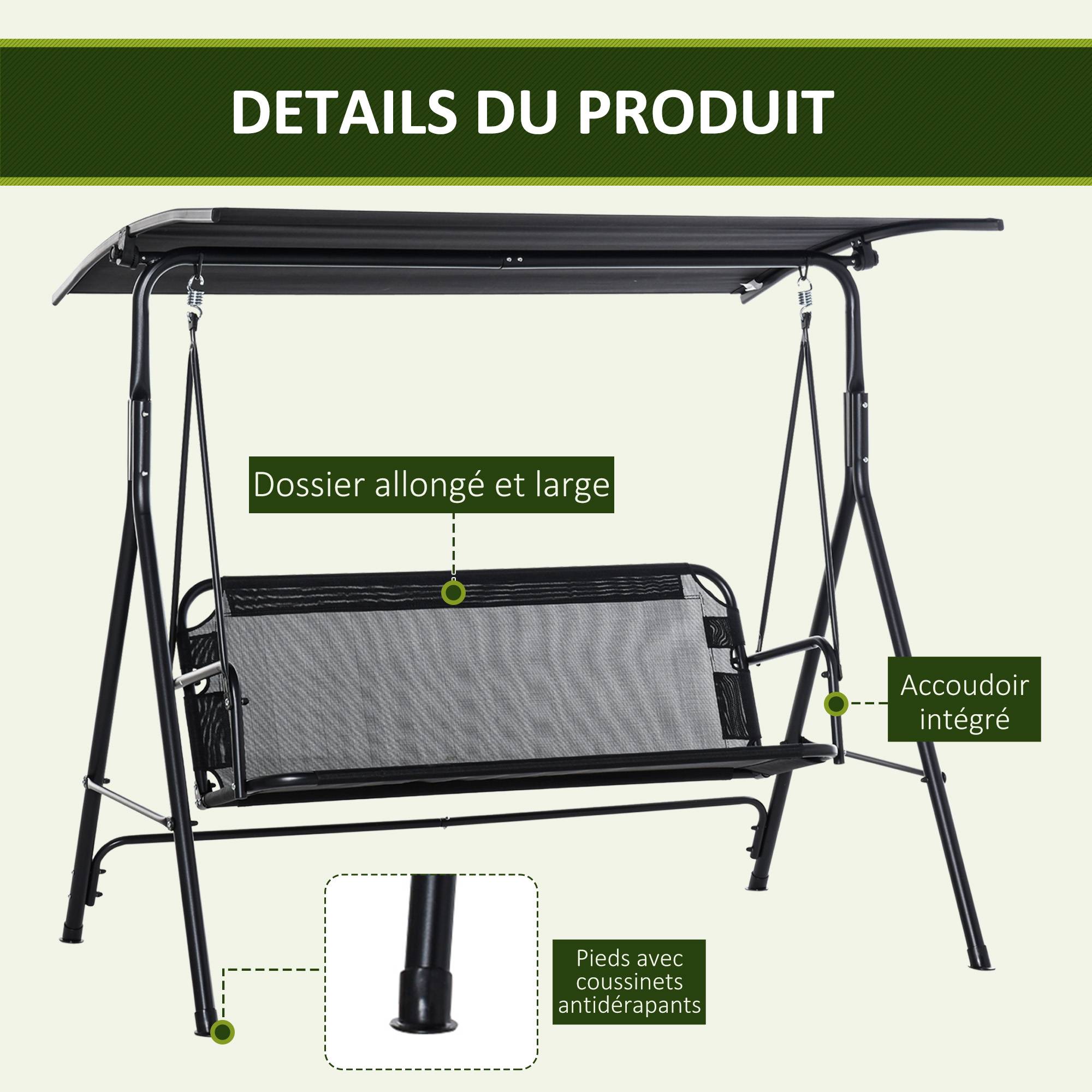 Balancelle de jardin 2 places acier extérieur avec auvent inclinable séchage rapide noir - ComfortXL Outdoor Living - Image 8