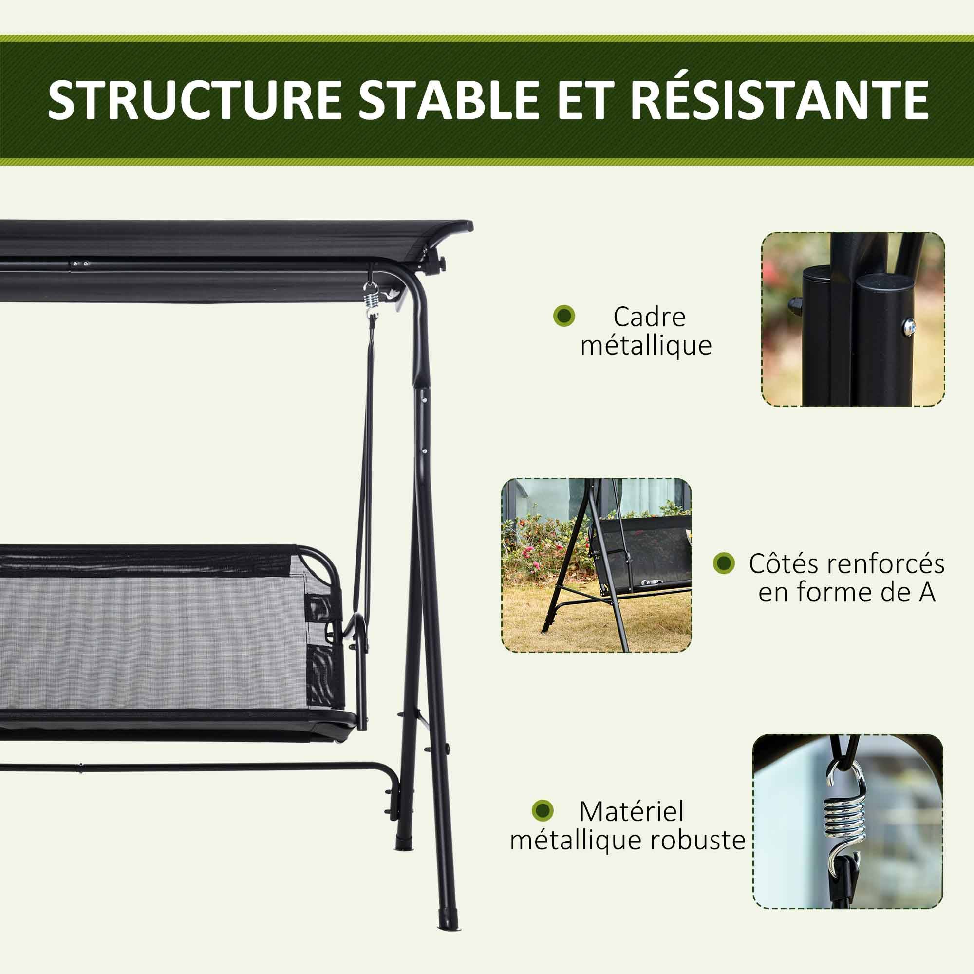 Balancelle de jardin 2 places acier extérieur avec auvent inclinable séchage rapide noir - ComfortXL Outdoor Living - Image 7