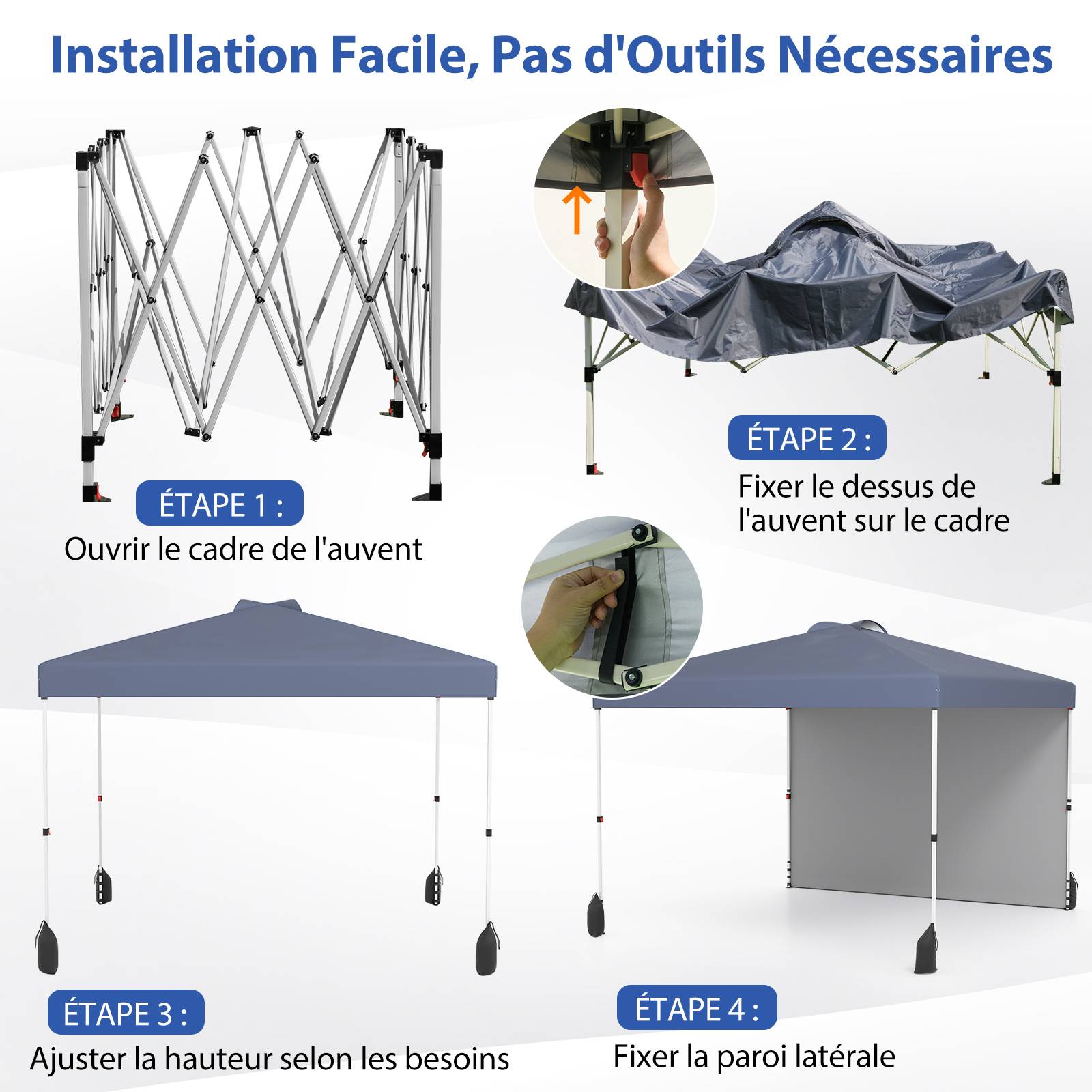 Tonnelle de Jardin 3X3 M avec Paroi Latérale, Tente Réception Pliant avec Sac à roulettes 8 Piquets 4 Ancrages, pour Fête Camping, Gris - Image 4