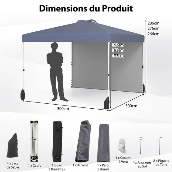 Tonnelle de Jardin 3X3 M avec Paroi Latérale, Tente Réception Pliant avec Sac à roulettes 8 Piquets 4 Ancrages, pour Fête Camping, Gris - Image 3