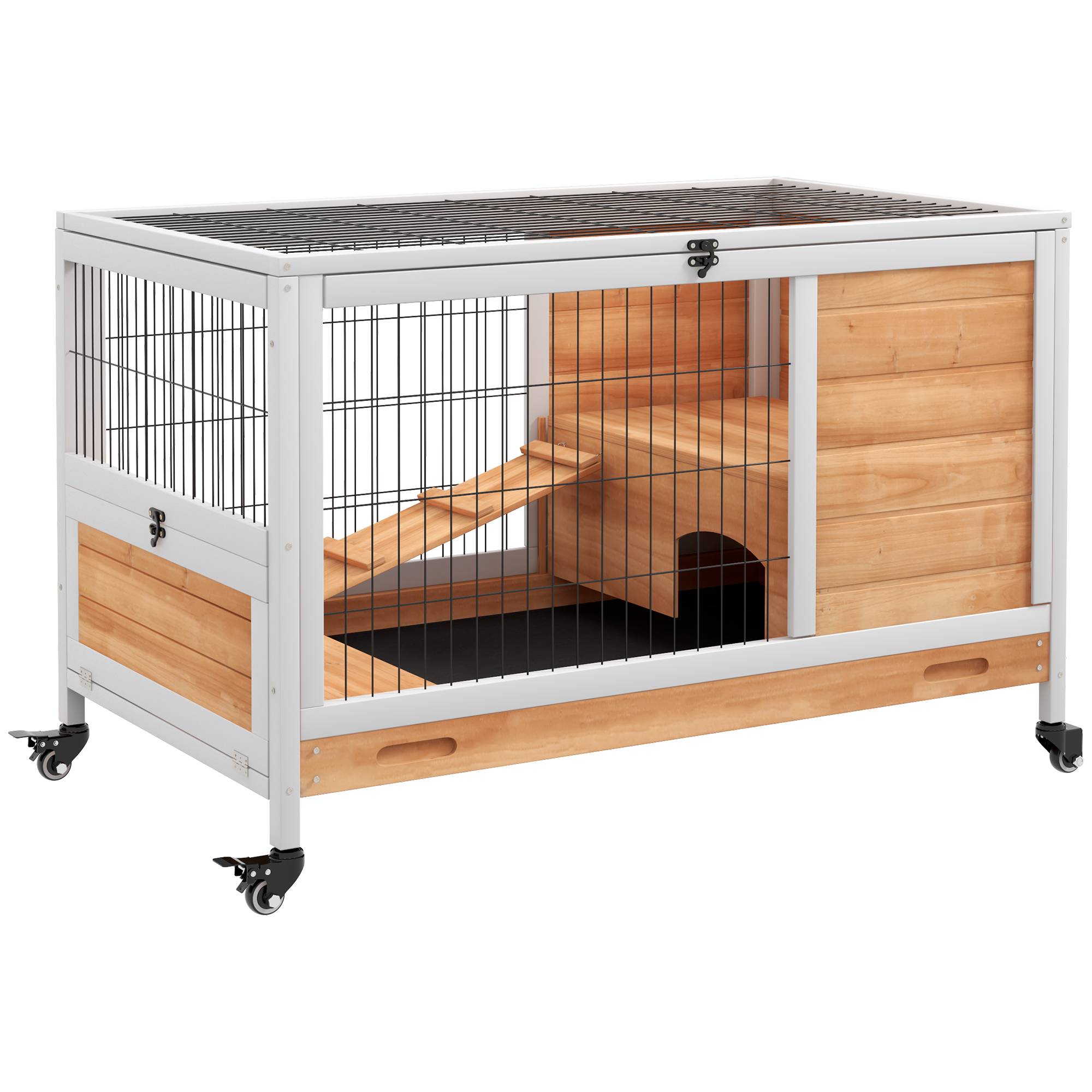Clapier lapin intérieur clapier pour cochon d'inde en bois avec toit ouvrant et roulettes 90 x 53 x 59 cm jaune et blanc - Image 1
