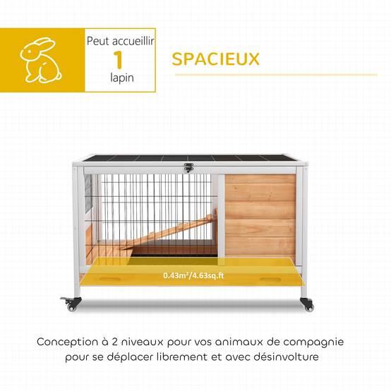 Clapier lapin intérieur clapier pour cochon d'inde en bois avec toit ouvrant et roulettes 90 x 53 x 59 cm jaune et blanc - Image 6