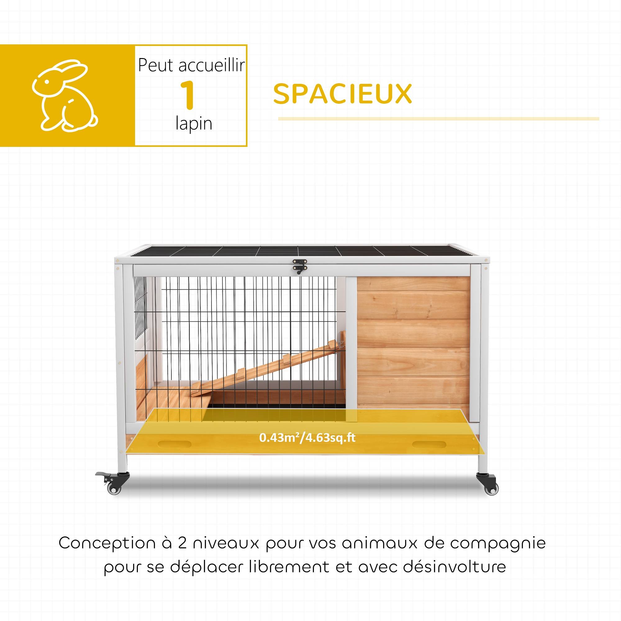 Clapier lapin intérieur clapier pour cochon d'inde en bois avec toit ouvrant et roulettes 90 x 53 x 59 cm jaune et blanc - Image 6