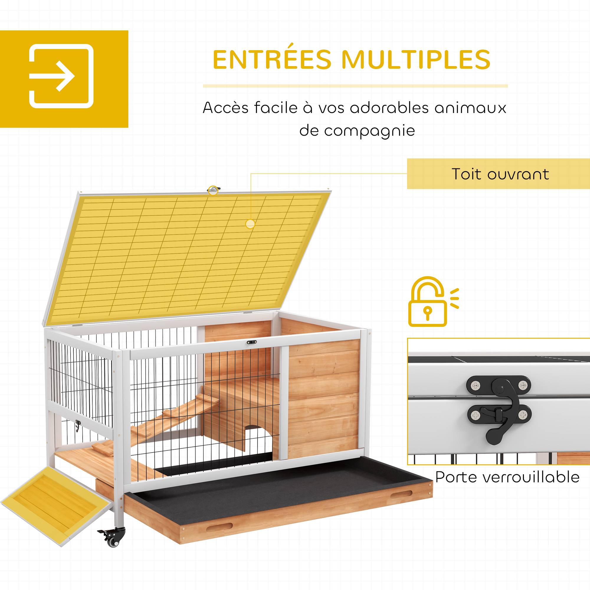 Clapier lapin intérieur clapier pour cochon d'inde en bois avec toit ouvrant et roulettes 90 x 53 x 59 cm jaune et blanc - Image 7