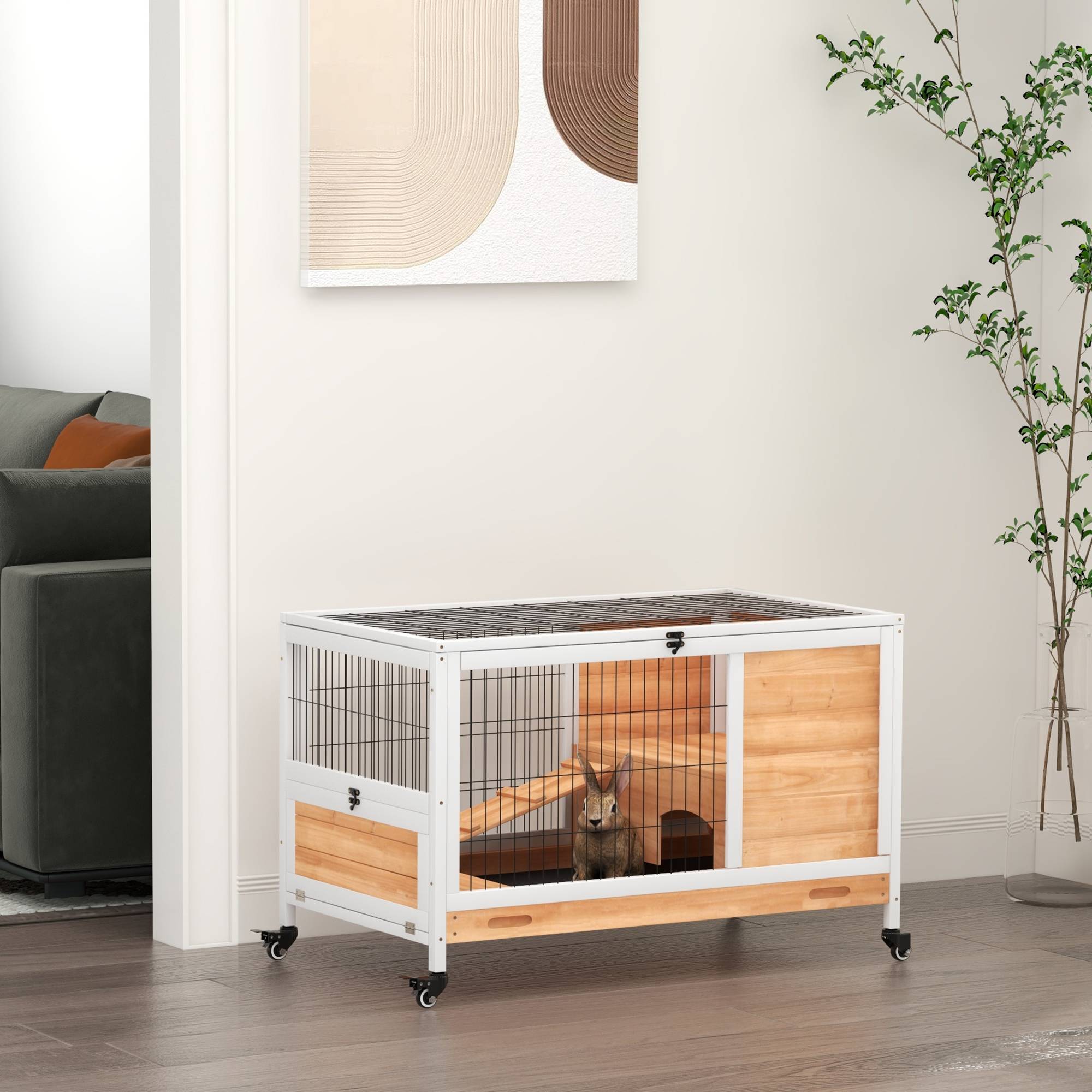 Clapier lapin intérieur clapier pour cochon d'inde en bois avec toit ouvrant et roulettes 90 x 53 x 59 cm jaune et blanc - Image 4