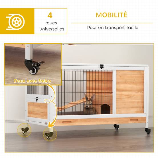 Clapier lapin intérieur clapier pour cochon d'inde en bois avec toit ouvrant et roulettes 90 x 53 x 59 cm jaune et blanc - Image 9