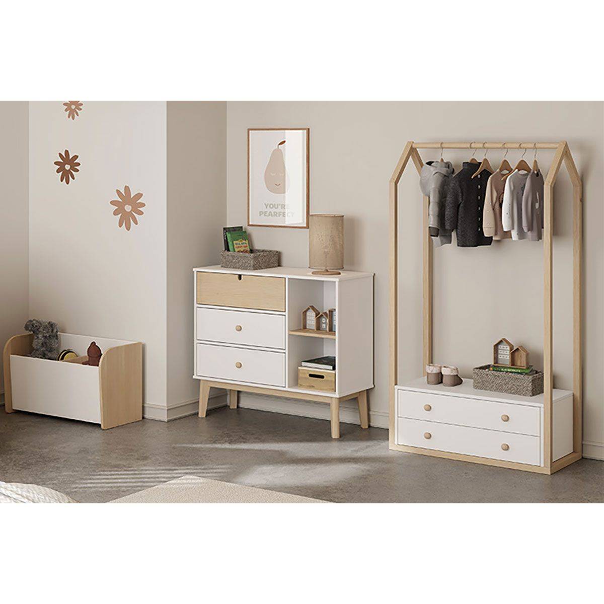 Pack Commode 3 Tiroirs + Penderie 2 Tiroirs Coloris Blanc et Naturel - KAINA - Image 1