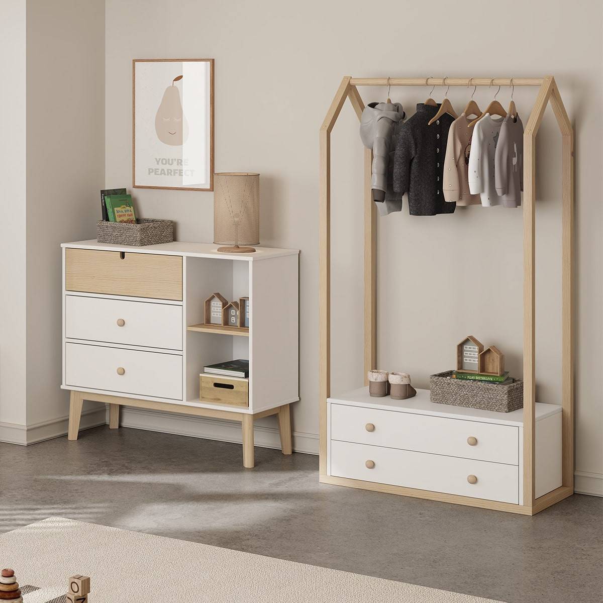 Pack Commode 3 Tiroirs + Penderie 2 Tiroirs Coloris Blanc et Naturel - KAINA - Image 2