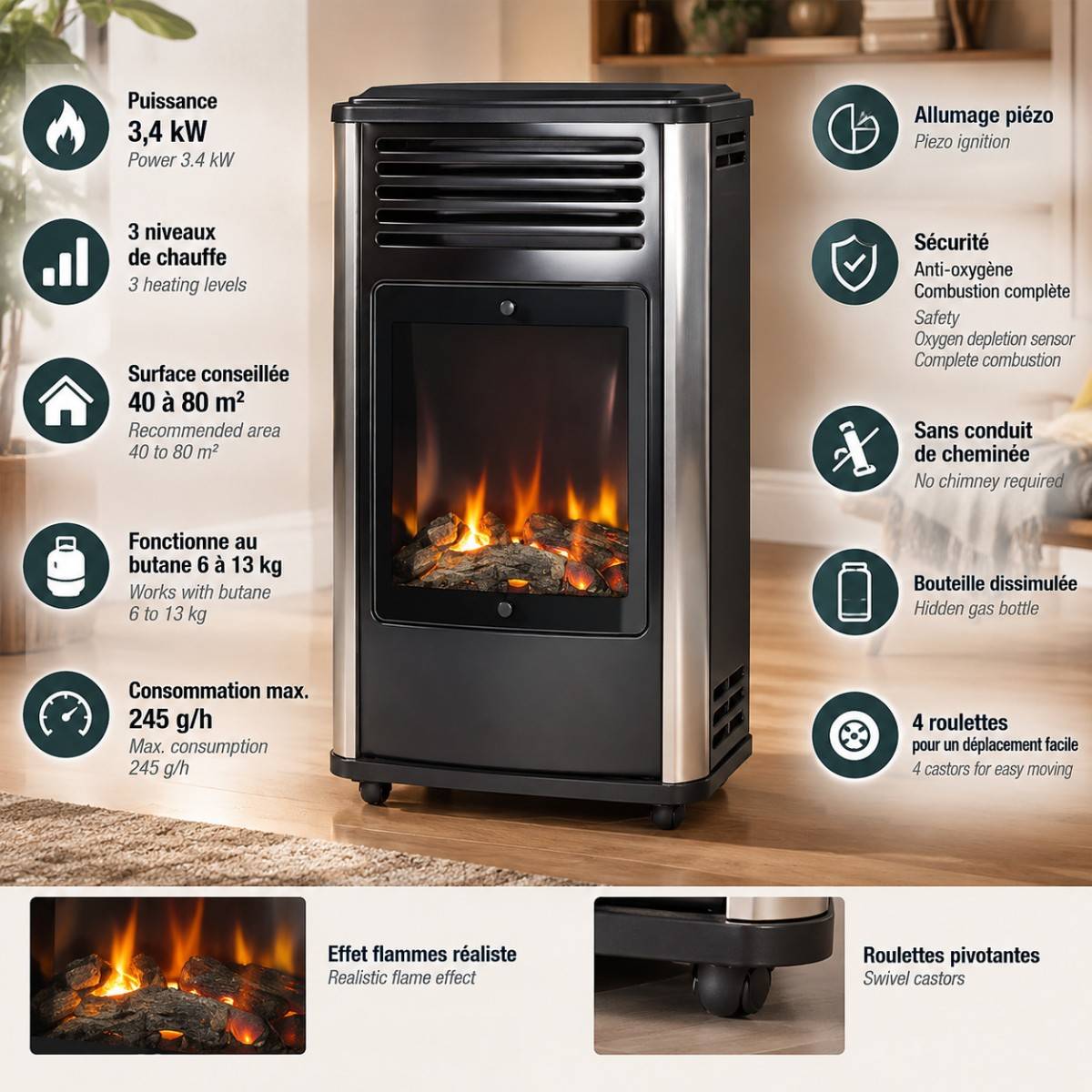 Poele à gaz 3.4KW Noir Effet feu de bois 3 niveaux de chauffe 40-80m2 Manhattan - Imagen 8