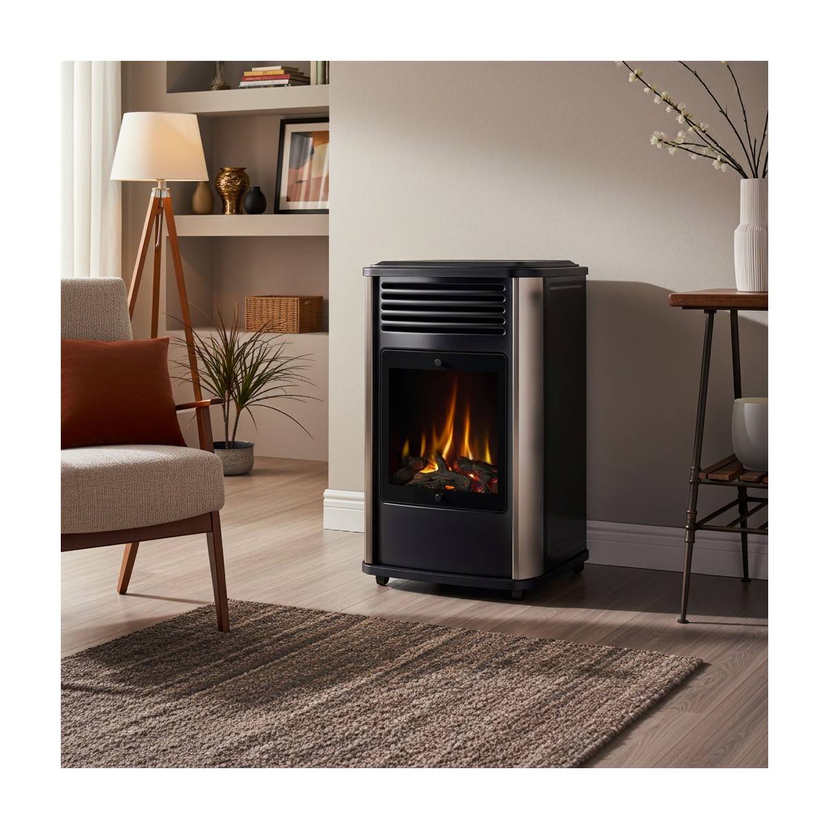 Poele à gaz 3.4KW Noir Effet feu de bois 3 niveaux de chauffe 40-80m2 Manhattan - Imagen 3