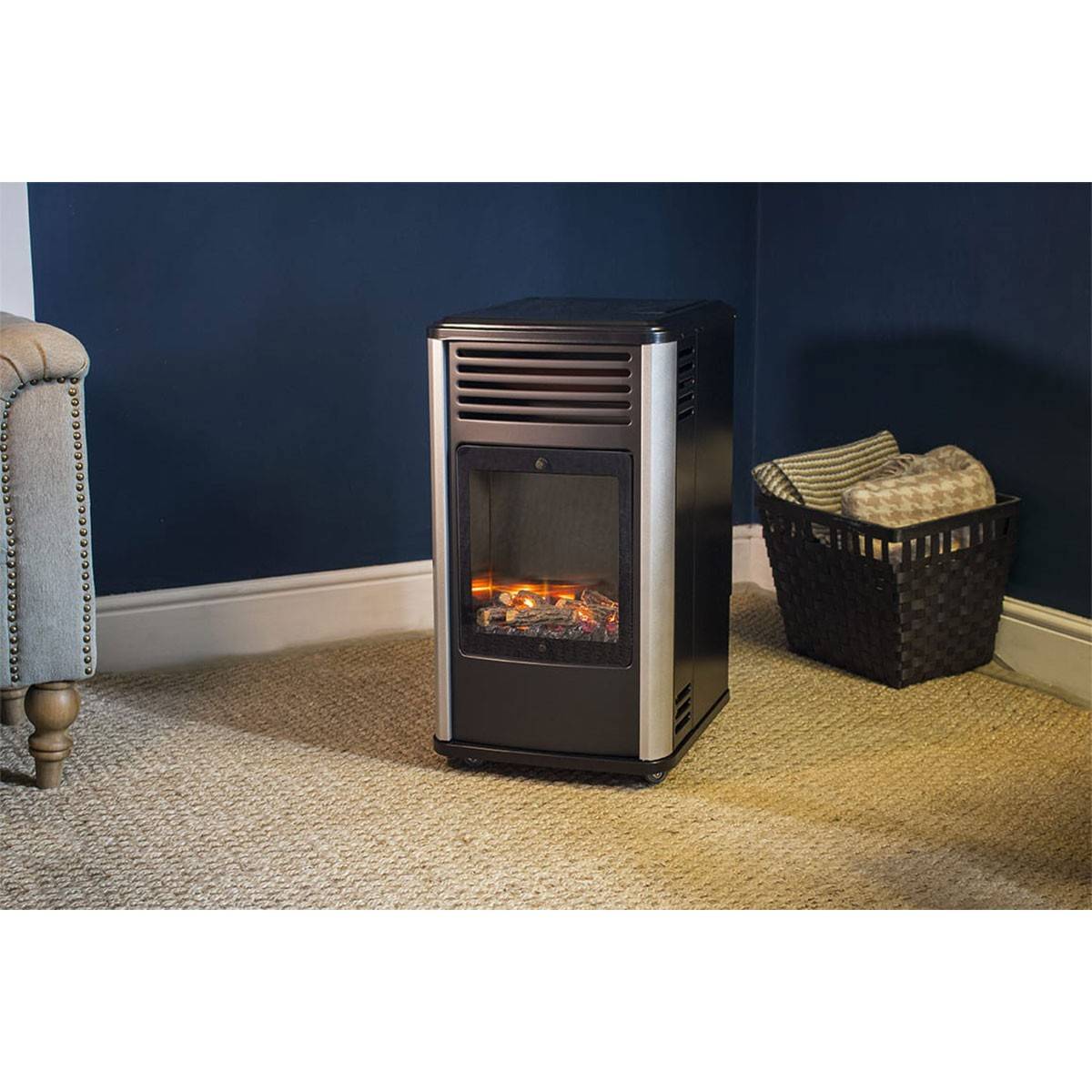 Poele à gaz 3.4KW Noir Effet feu de bois 3 niveaux de chauffe 40-80m2 Manhattan - Imagen 9
