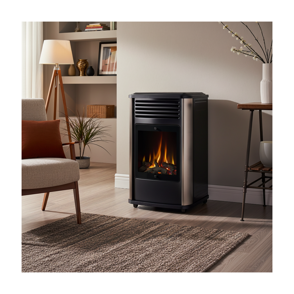 Poele à gaz 3.4KW Noir Effet feu de bois 3 niveaux de chauffe 40-80m2 Manhattan - Imagen 2