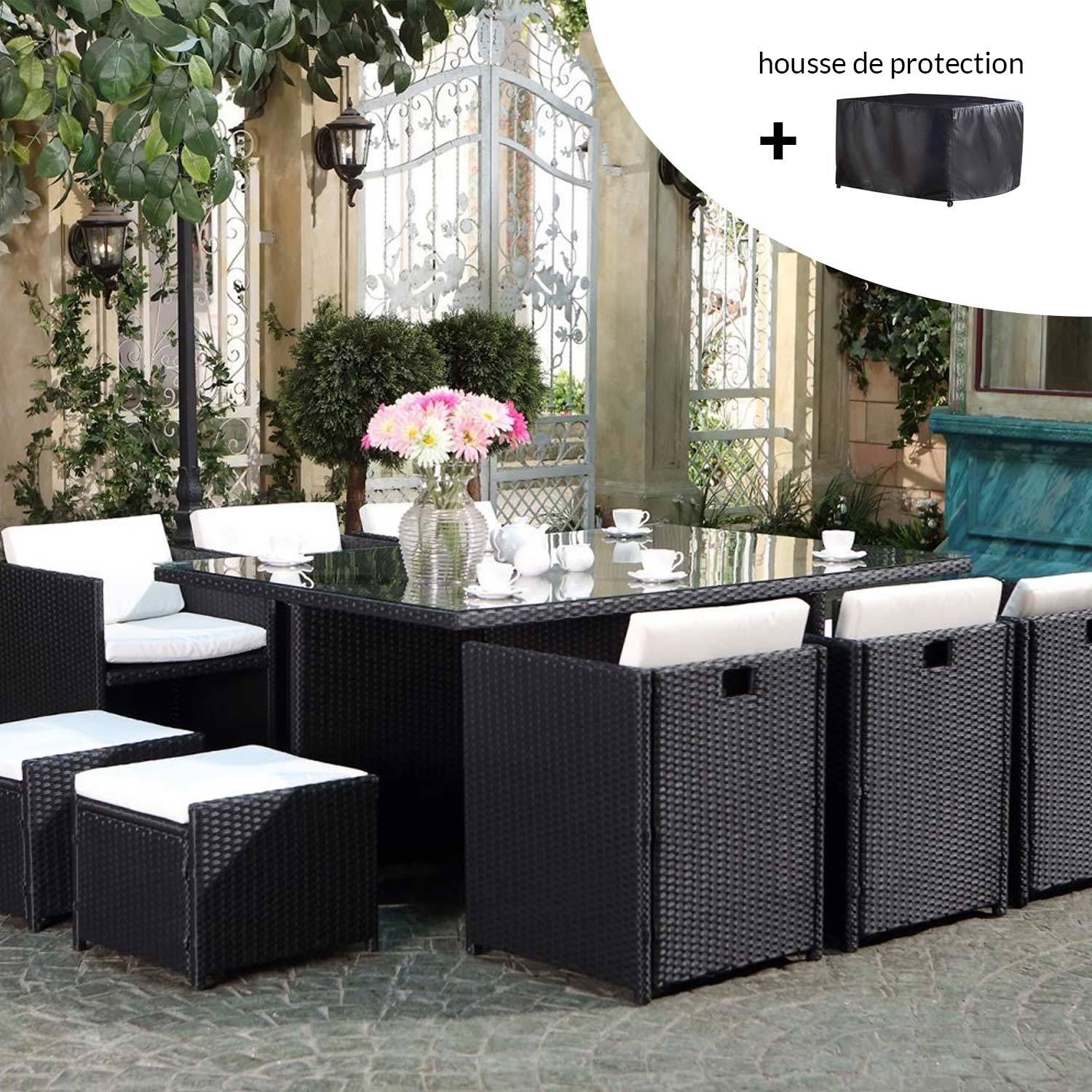 Salon de jardin 10 places noir-blanc + housse de protection MIAMI - Image 2