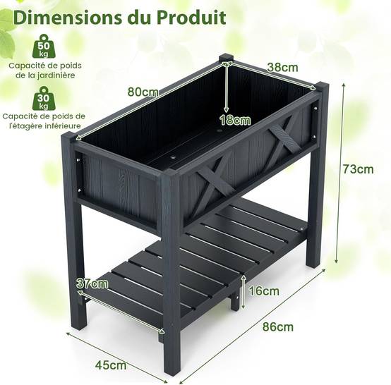 Jardinière Surélevé en HIPS, Lit de Jardin avec Pieds Étagère,86 x 45 x 73 cm(Noir) - Image 3