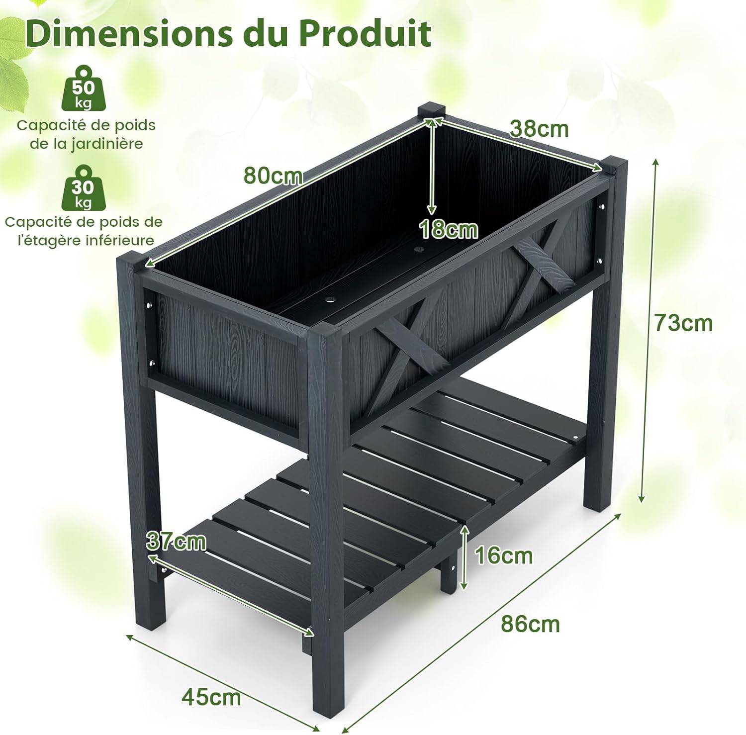 Jardinière Surélevé en HIPS, Lit de Jardin avec Pieds Étagère，86 x 45 x 73 cm(Noir) - Image 3