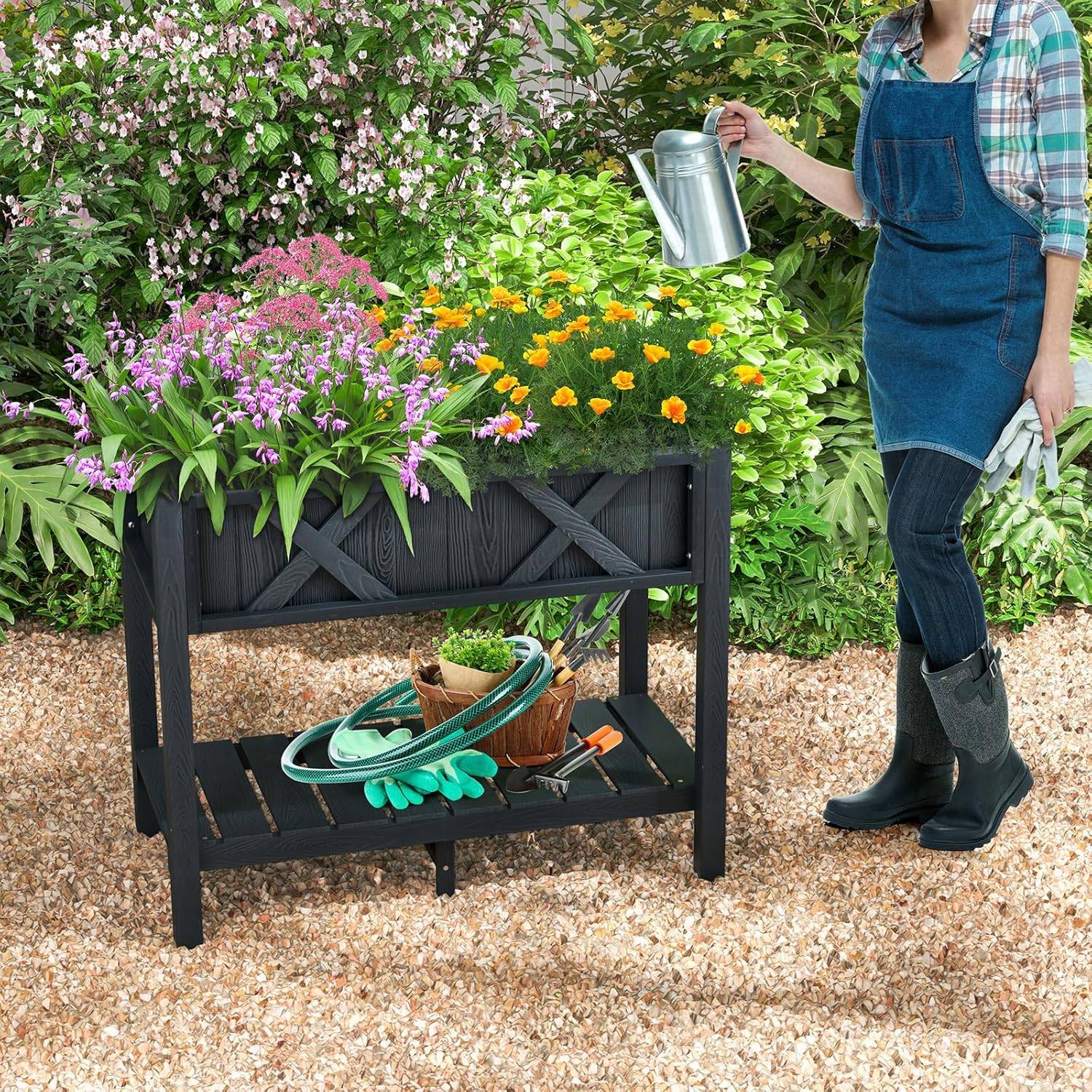 Jardinière Surélevé en HIPS, Lit de Jardin avec Pieds Étagère，86 x 45 x 73 cm(Noir) - Image 2