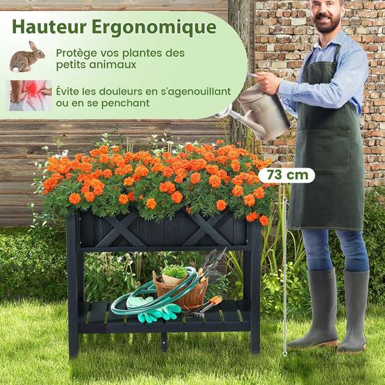 Jardinière Surélevé en HIPS, Lit de Jardin avec Pieds Étagère,86 x 45 x 73 cm(Noir) - Image 8
