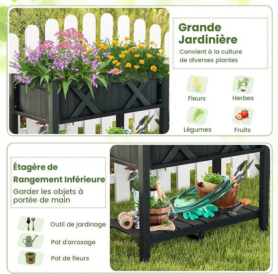 Jardinière Surélevé en HIPS, Lit de Jardin avec Pieds Étagère,86 x 45 x 73 cm(Noir) - Image 7