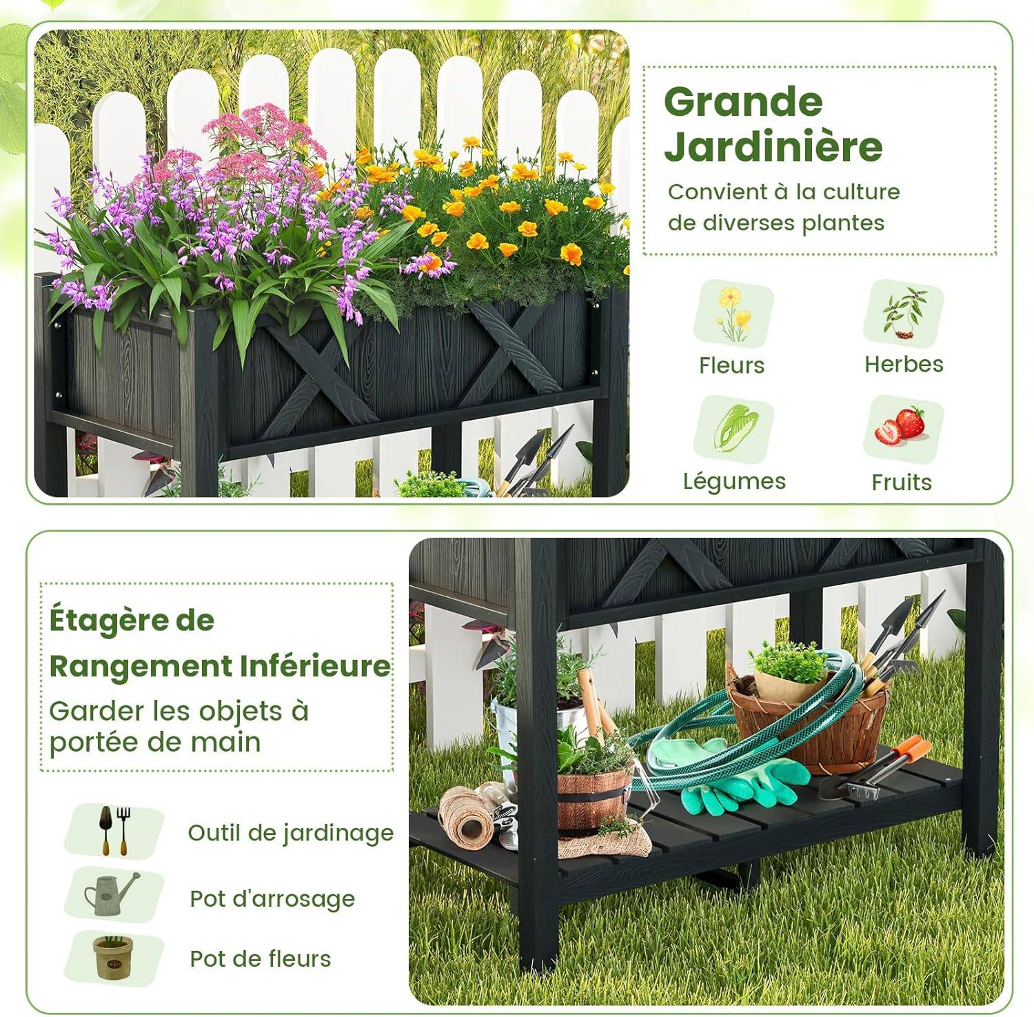 Jardinière Surélevé en HIPS, Lit de Jardin avec Pieds Étagère，86 x 45 x 73 cm(Noir) - Image 7