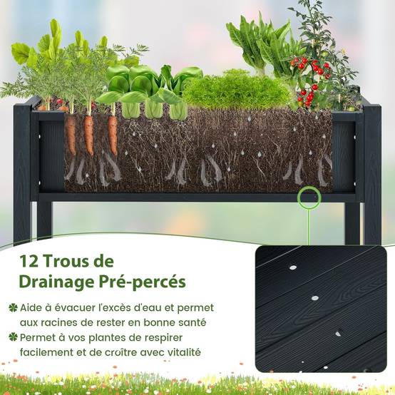 Jardinière Surélevé en HIPS, Lit de Jardin avec Pieds Étagère,86 x 45 x 73 cm(Noir) - Image 6