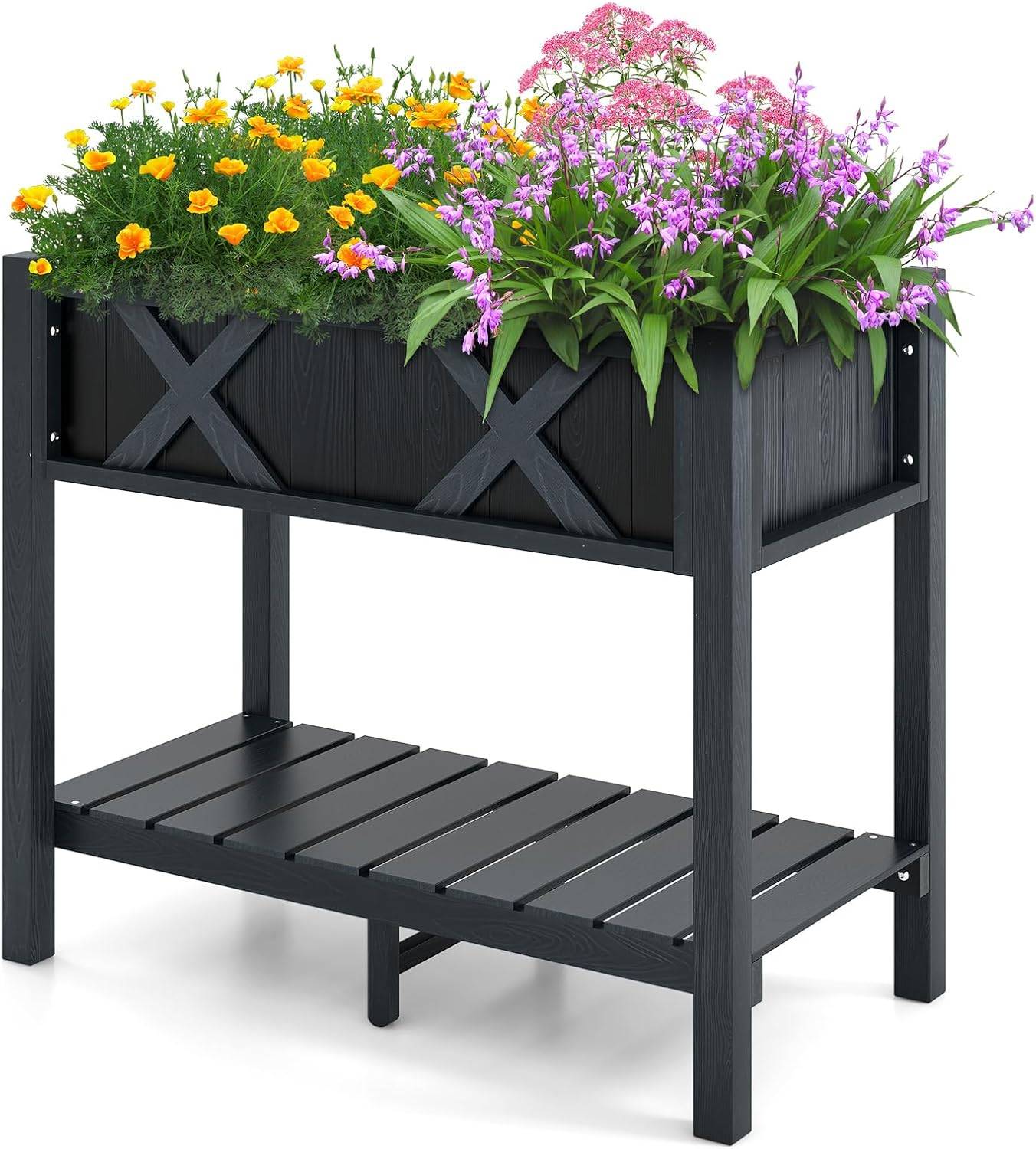Jardinière Surélevé en HIPS, Lit de Jardin avec Pieds Étagère，86 x 45 x 73 cm(Noir) - Image 1