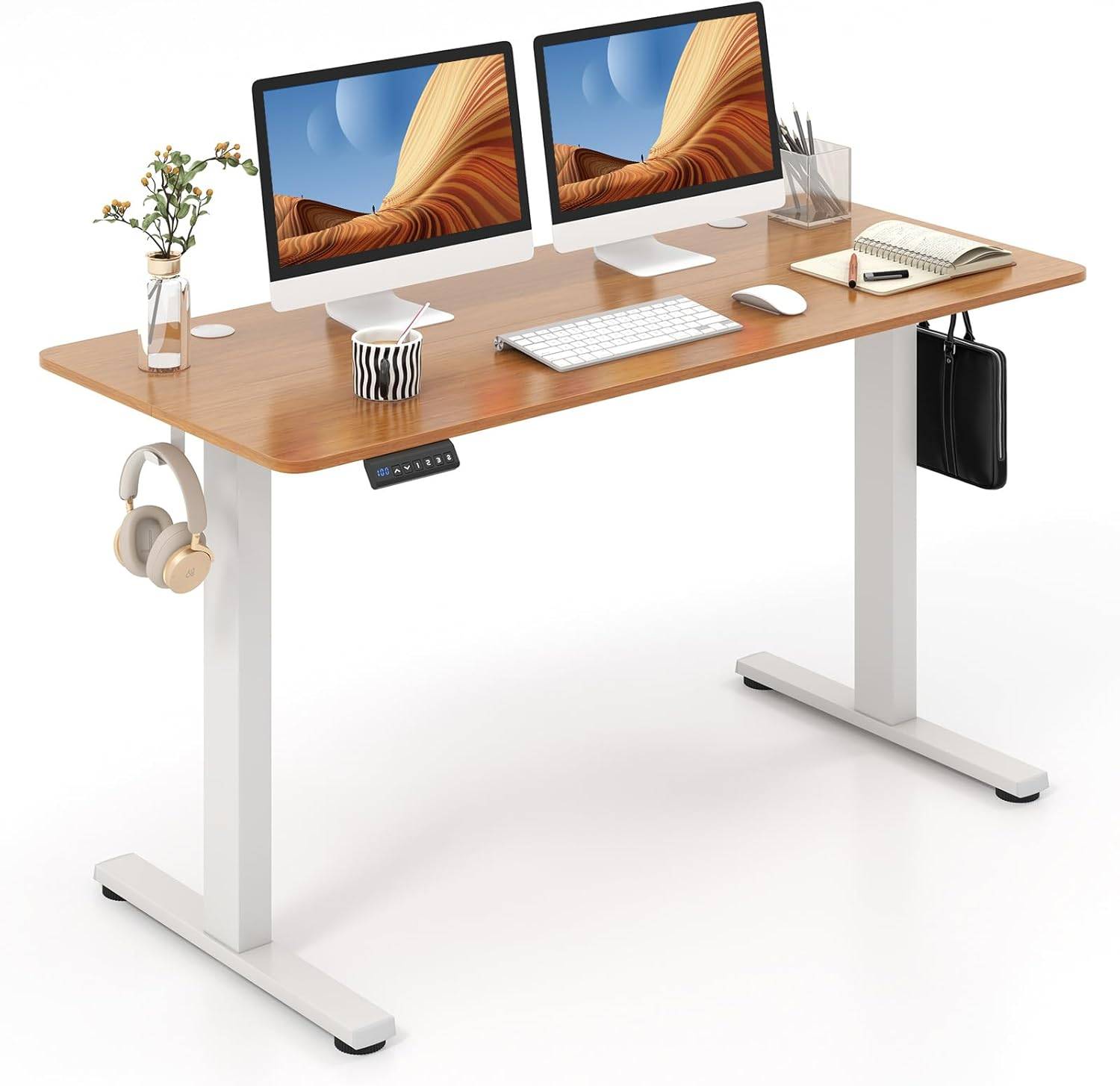 Claiks Bureau réglable en Hauteur avec Plateau en Verre Monobloc 140 x 60 cm, Bureau Debout électrique, avec tiroir, Fonction mémoire et Protection Contre Les collisions, Blanc