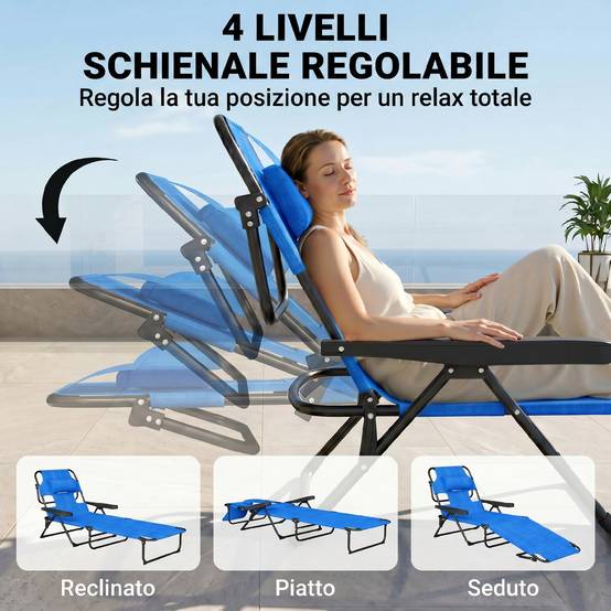 Chaise longue de jardin pliante avec dossier réglable, coussin et ouverture pour le visage, bleu foncé - Image 7