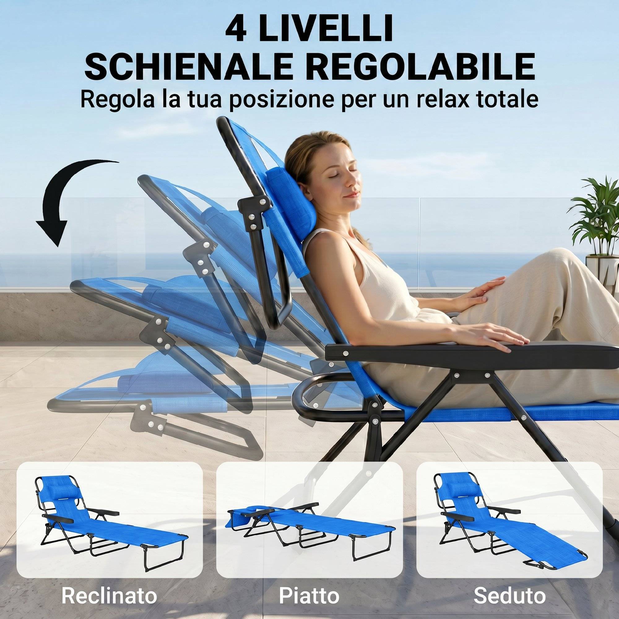 Chaise longue de jardin pliante avec dossier réglable, coussin et ouverture pour le visage, bleu foncé - Image 7