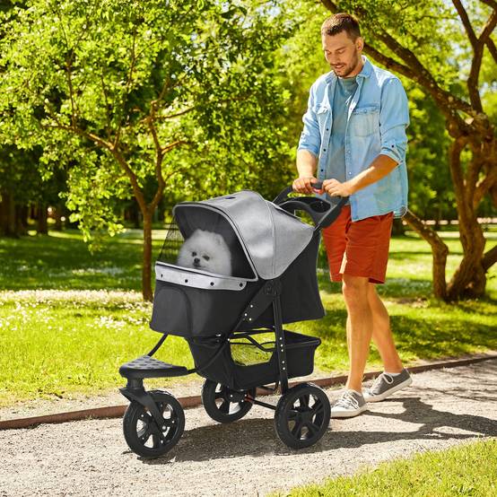 Sans Marque - Poussette pliable 2 en 1 chien 3 roues frein panier rangement porte-bouteille acier Oxford gris/noir 109,5x57,5x106,5 cm - Image 4