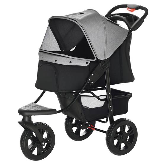 Sans Marque - Poussette pliable 2 en 1 chien 3 roues frein panier rangement porte-bouteille acier Oxford gris/noir 109,5x57,5x106,5 cm - Image 2