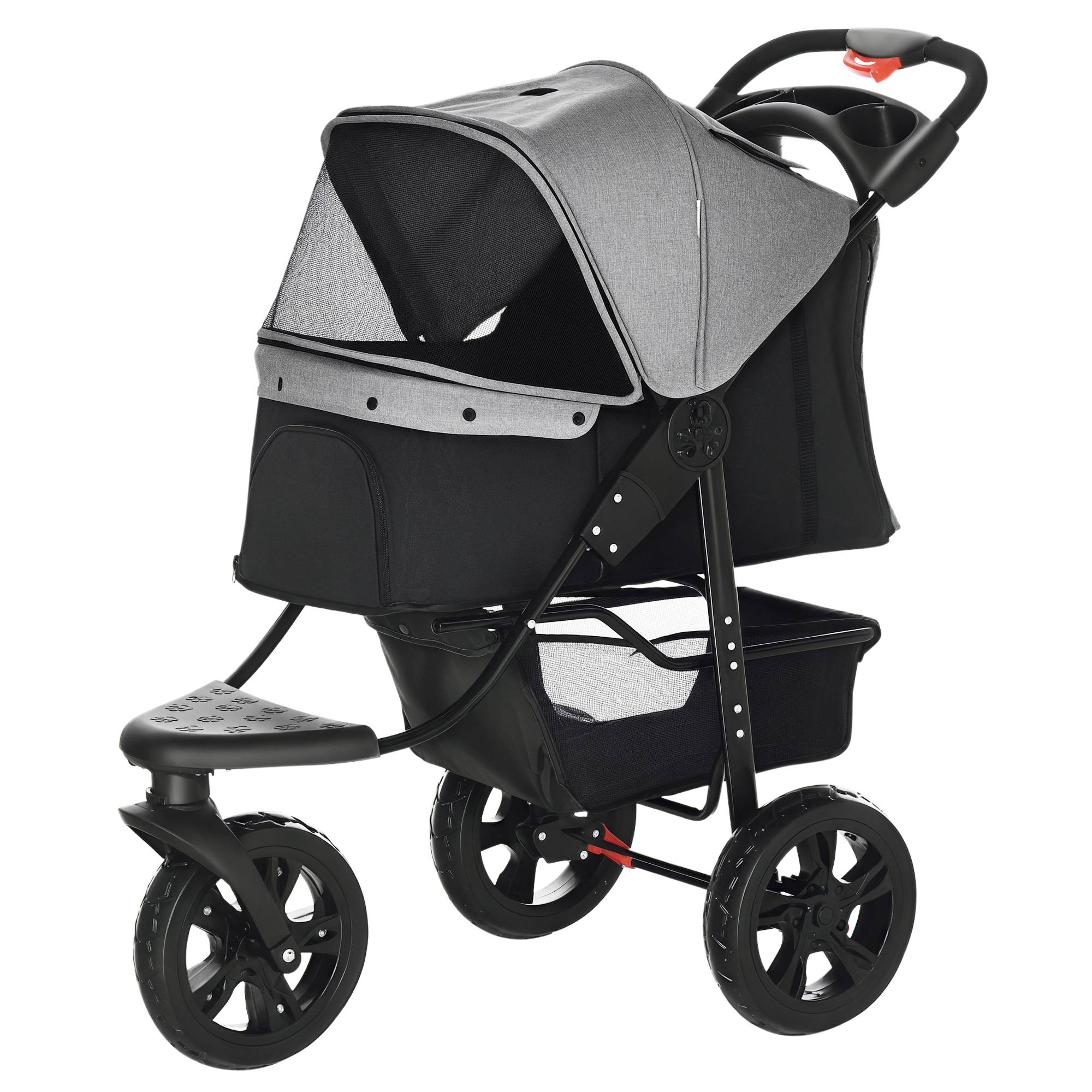 Sans Marque - Poussette pliable 2 en 1 chien 3 roues frein panier rangement porte-bouteille acier Oxford gris/noir 109,5x57,5x106,5 cm - Image 2