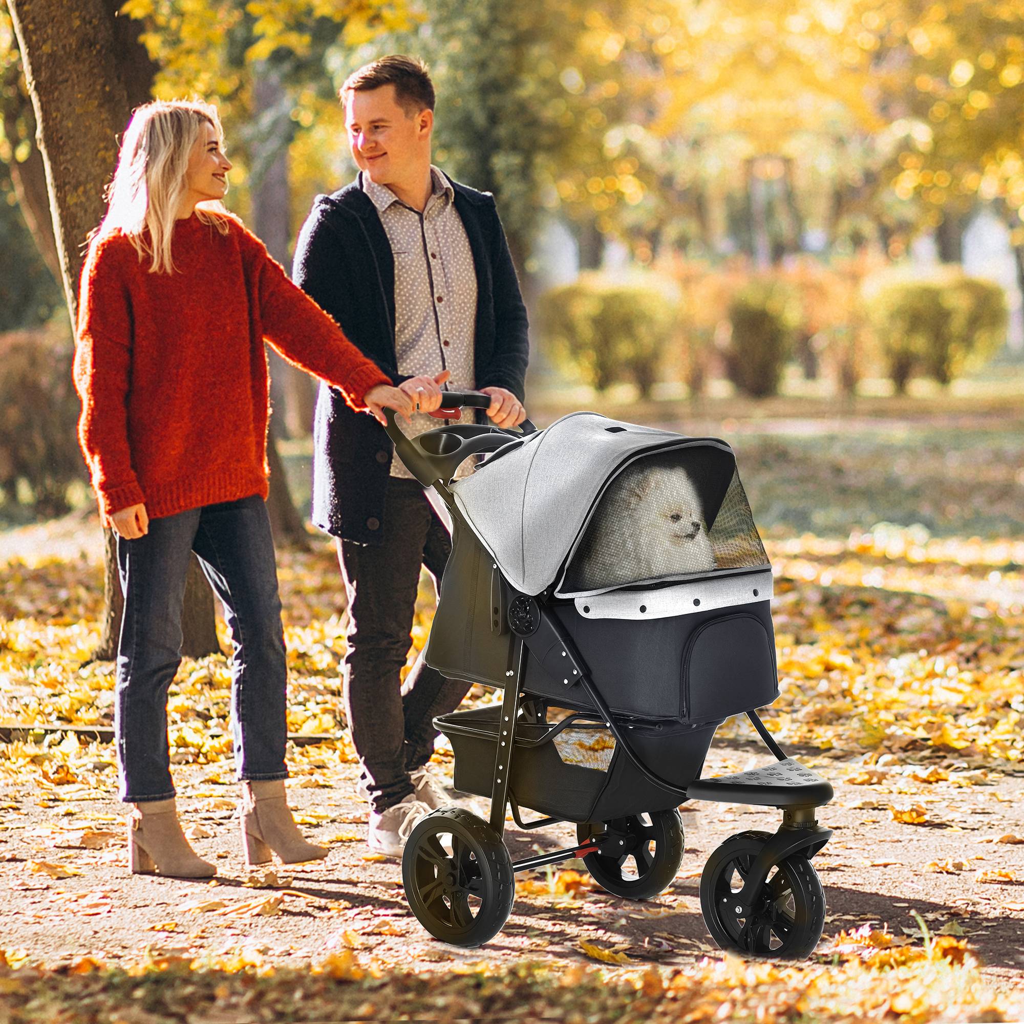 Sans Marque - Poussette pliable 2 en 1 chien 3 roues frein panier rangement porte-bouteille acier Oxford gris/noir 109,5x57,5x106,5 cm - Image 3