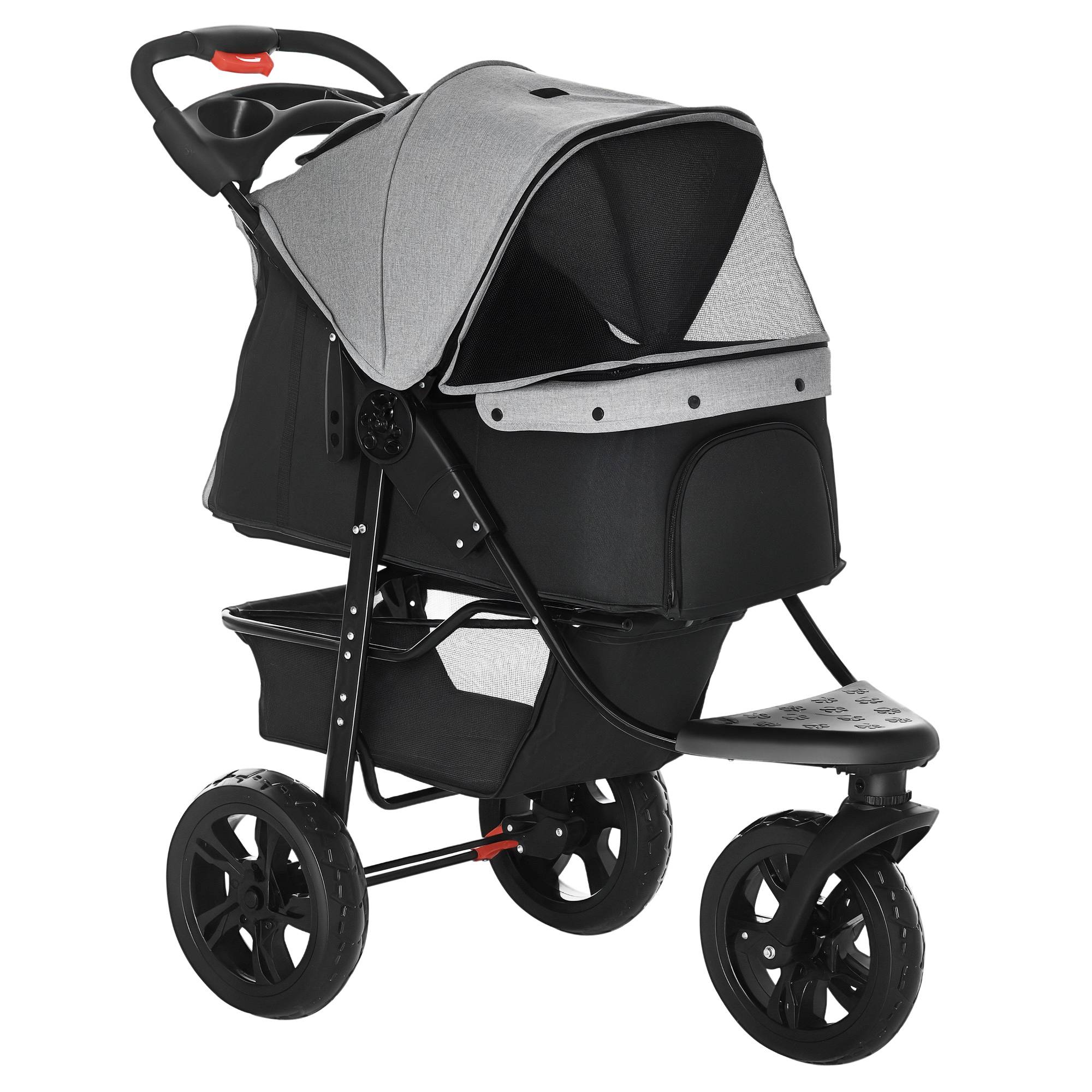 Sans Marque - Poussette pliable 2 en 1 chien 3 roues frein panier rangement porte-bouteille acier Oxford gris/noir 109,5x57,5x106,5 cm - Image 1