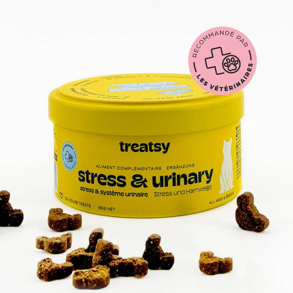 Complément Alimentaire - Stress & Système Urinaire pour chat - Cystite & Struvite - Alpha-caséine, L-Tryptophane, Oméga 3 - Treatsy