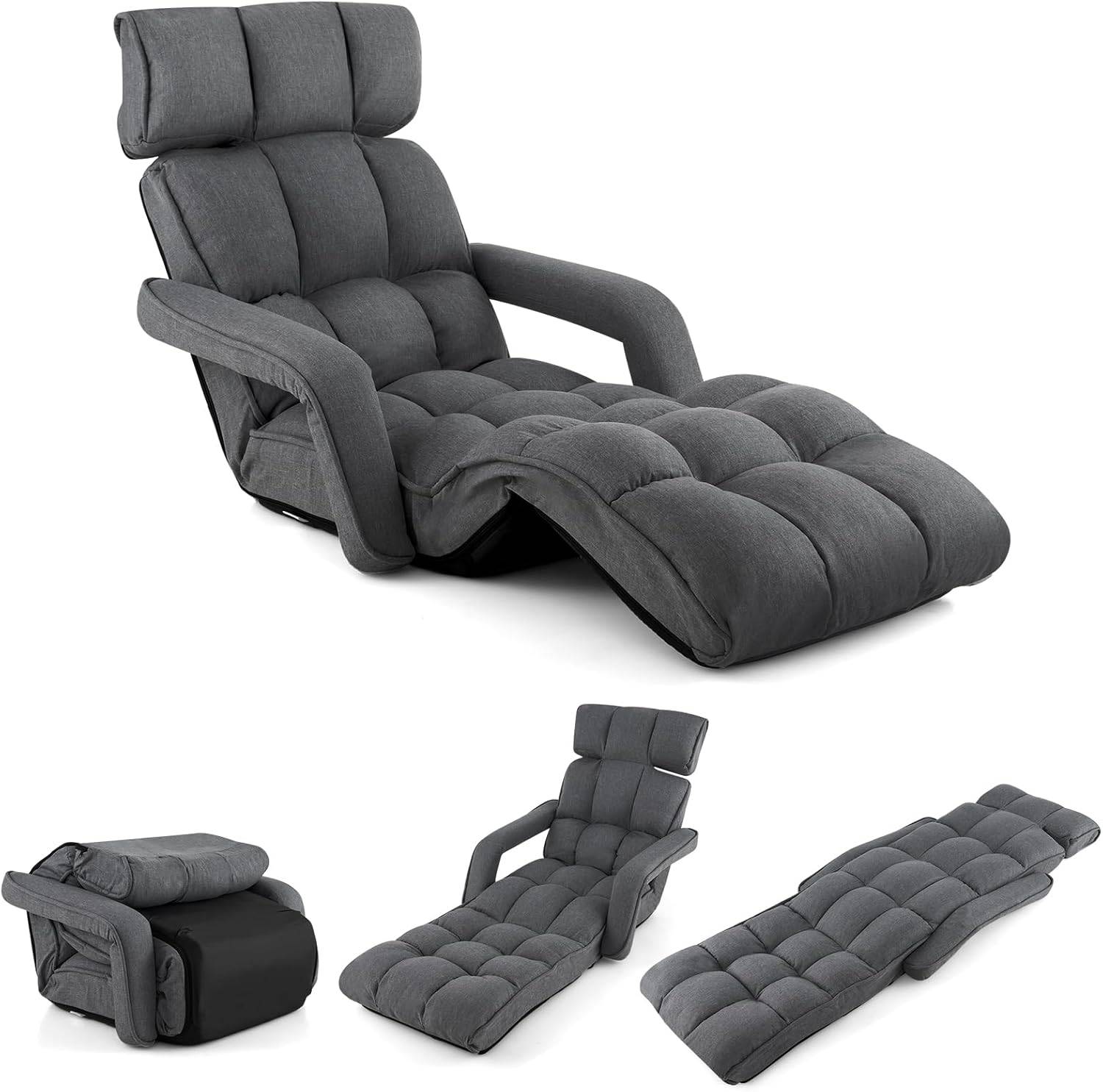 Costway - Fauteuil Convertible 1 Place Adulte avec Appui-tête, Dossier Réglable 6 Positions 16°-107°, Chauffeuse Convertible 196 x 72 x 19,5 cm, Gris Foncé