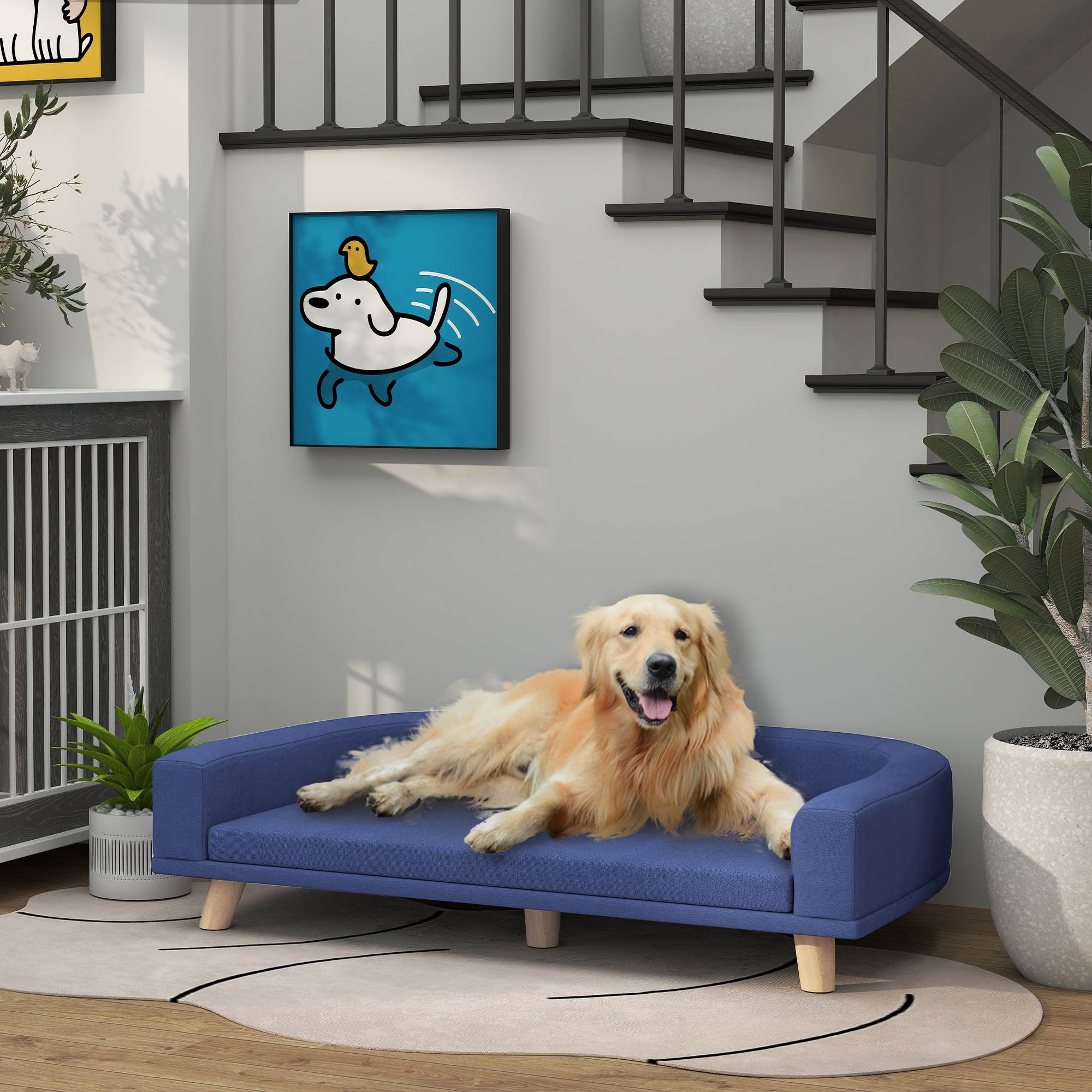 Grand canapé lit surélevé chien polyester pin massif coussin lavable 98x67x25cm bleu - ComfortXL Outdoor Living - Image 4