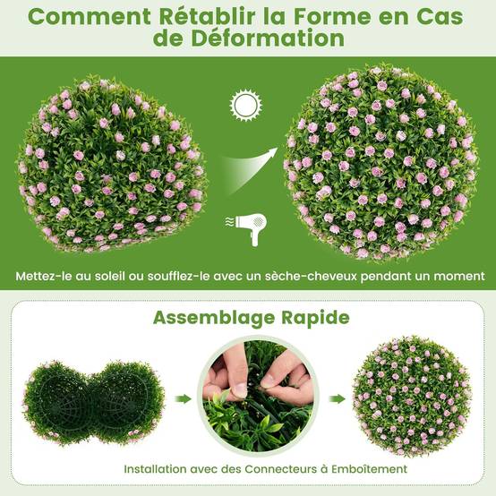 2 Boules Topiaires Artificielles 37 cm avec des Fleurs Rose, Plantes de Faux en Boules à Suspendre ou Poser, Sphère de Jardin Décoratives - Image 4